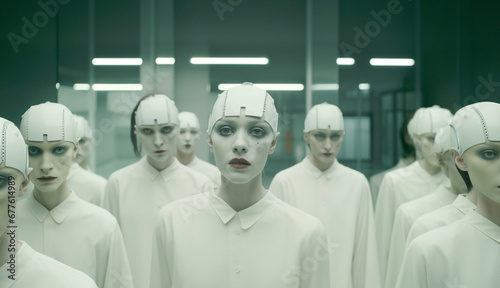 people in white masks in mirrored room, eerie and unsettling, fictional photo