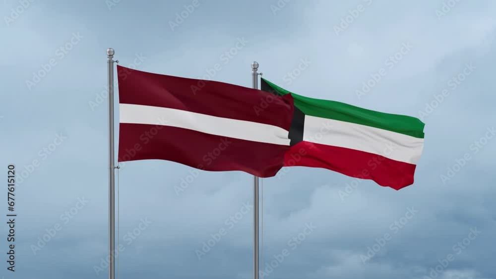 Kuwait and Latvia flag waving together on cloudy sky, endless seamless loop, two country cooperation concept Kuwait and Latvia flag waving together on cloudy sky, endless seamless loop, two country cooperation concept