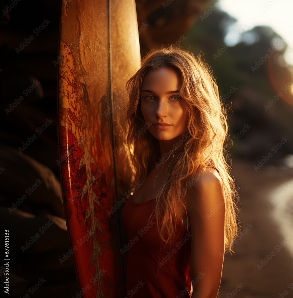 Fototapeta premium A beautiful brunette stands gracefully beside a surfboard, embracing the serenity of a tropical paradise.