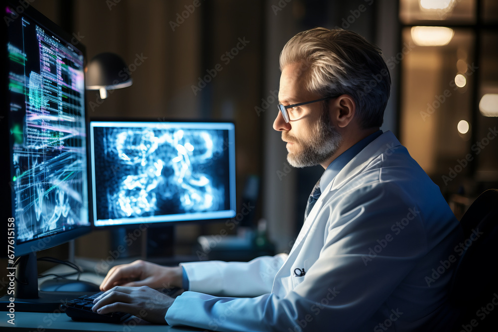Professional neuroscientist analyzing CT scan. Neurology doctor studying scans on a monitor in hospital lab. Professional neuroscientist analyzing CT scan. Neurology doctor studying scans on a monitor in hospital lab.