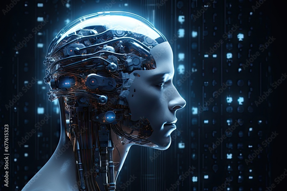 A symbolic concept image of AI technology fused with a human robot brain.by Generative AI.