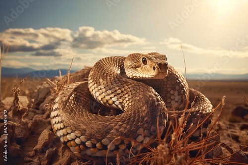 Close-up of a venomous rattlesnake in the wild photo