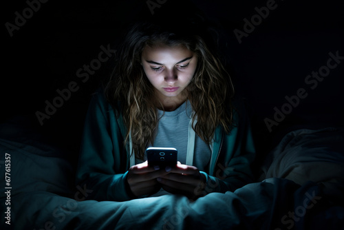 Teenage girl checking her smartphone at night. Teen scrolling through social media on her phone screen. Internet addiction in kids.