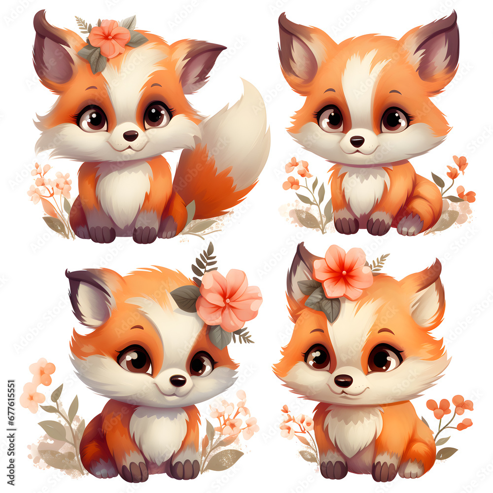 Watercolor of Cute Baby Fox, Painted Cute Baby Fox, Colorful Cute Baby Fox. Illustrations, isolated on white background.