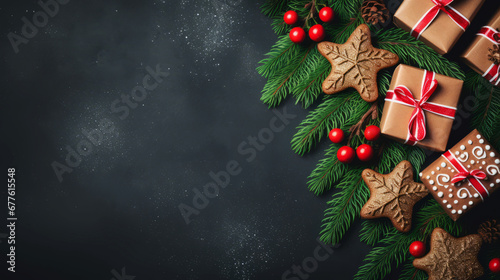 Gingerbread cookies and gift boxes as Christmas themed background photo