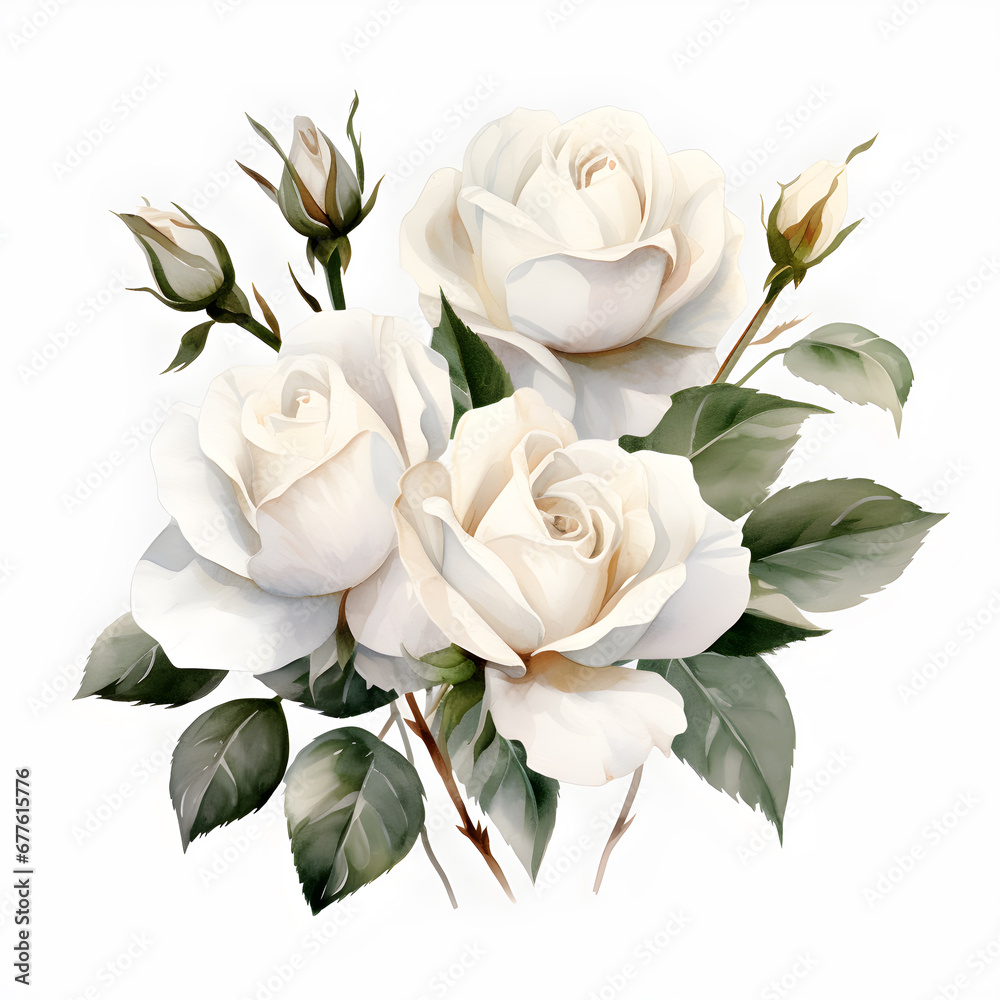 bouquet of roses, watercolor white roses on white background.