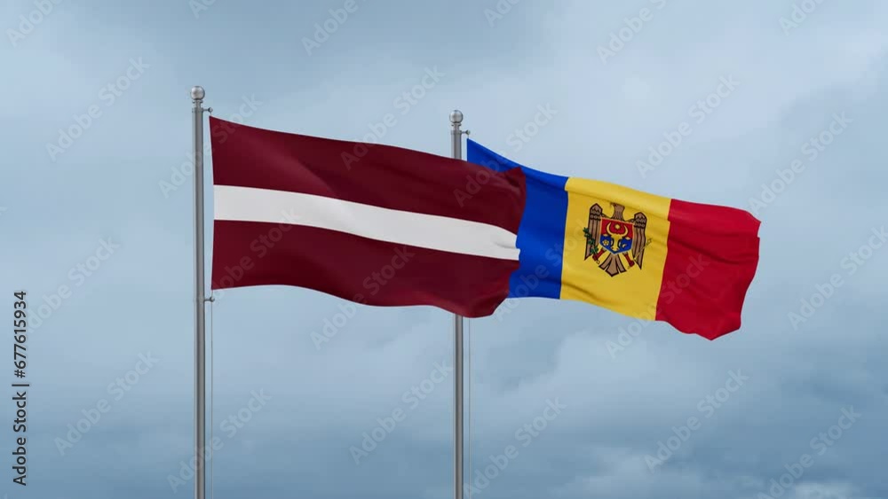 Moldova and Latvia flag waving together on cloudy sky, endless seamless loop, two country cooperation concept Moldova and Latvia flag waving together on cloudy sky, endless seamless loop, two country cooperation concept