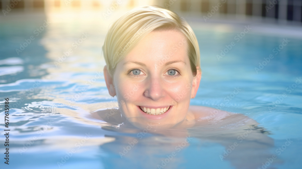 short blonde hair, woman swimming in swimming pool, happy smiling and fun, good day, vacations. fictional location short blonde hair, woman swimming in swimming pool, happy smiling and fun, good day, vacations. fictional location