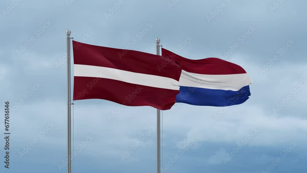 Netherlands flag and Latvia flag waving together on cloudy sky, endless seamless loop, two country relations concept Netherlands flag and Latvia flag waving together on cloudy sky, endless seamless loop, two country relations concept