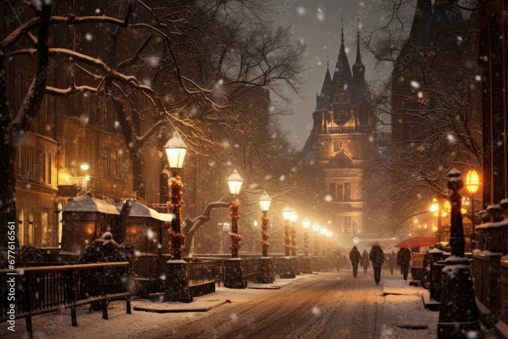 Early Morning Winter Wonderland: A City Street Transformed by Fresh Snowfall and Christmas Lights at Dawn