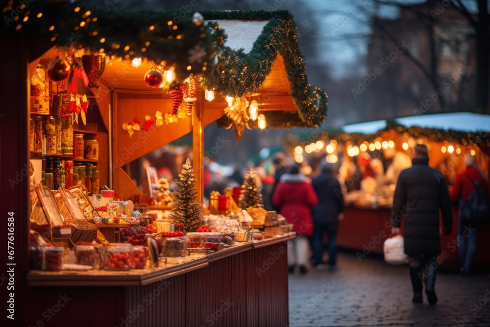 A vibrant Christmas market booth brimming with handmade holiday treasures and twinkling lights