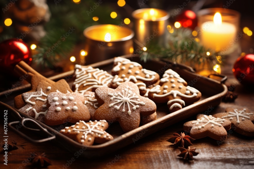Freshly Baked Gingerbread Cookies Resting on a Tray Amidst a Cozy Christmas Setting