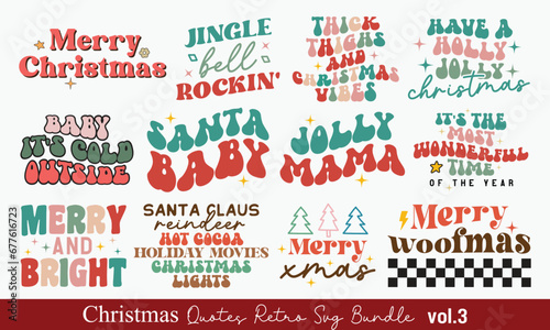 Cute Christmas Santa sayings retro wavy lettering collection set or bundle on white background