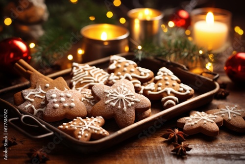Freshly Baked Gingerbread Cookies Resting on a Tray Amidst a Cozy Christmas Setting