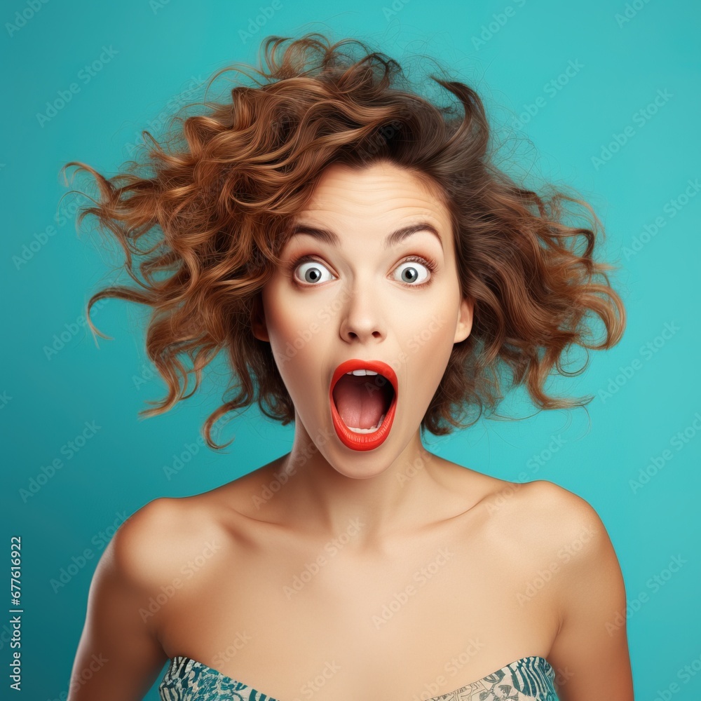 Brunette woman makes a surprised face with a yellow background