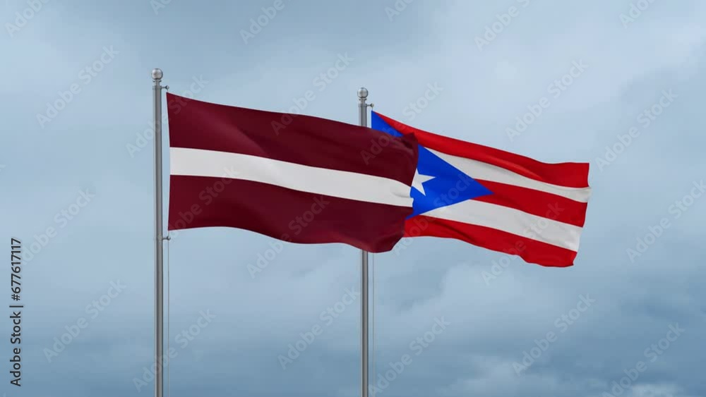 Puerto Rico and Latvia flag waving together on cloudy sky, endless seamless loop, two country cooperation concept Puerto Rico and Latvia flag waving together on cloudy sky, endless seamless loop, two country cooperation concept