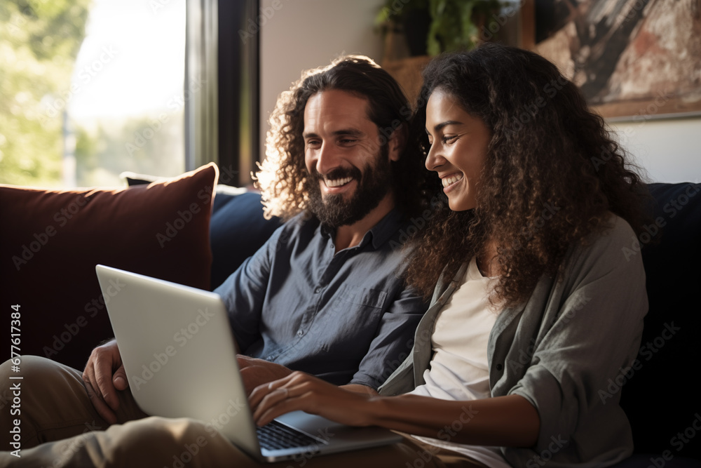 Man and woman sitting on the couch with a laptop PC and doing online shopping or streaming a movie - Topic online and streaming services Man and woman sitting on the couch with a laptop PC and doing online shopping or streaming a movie - Topic online and streaming services