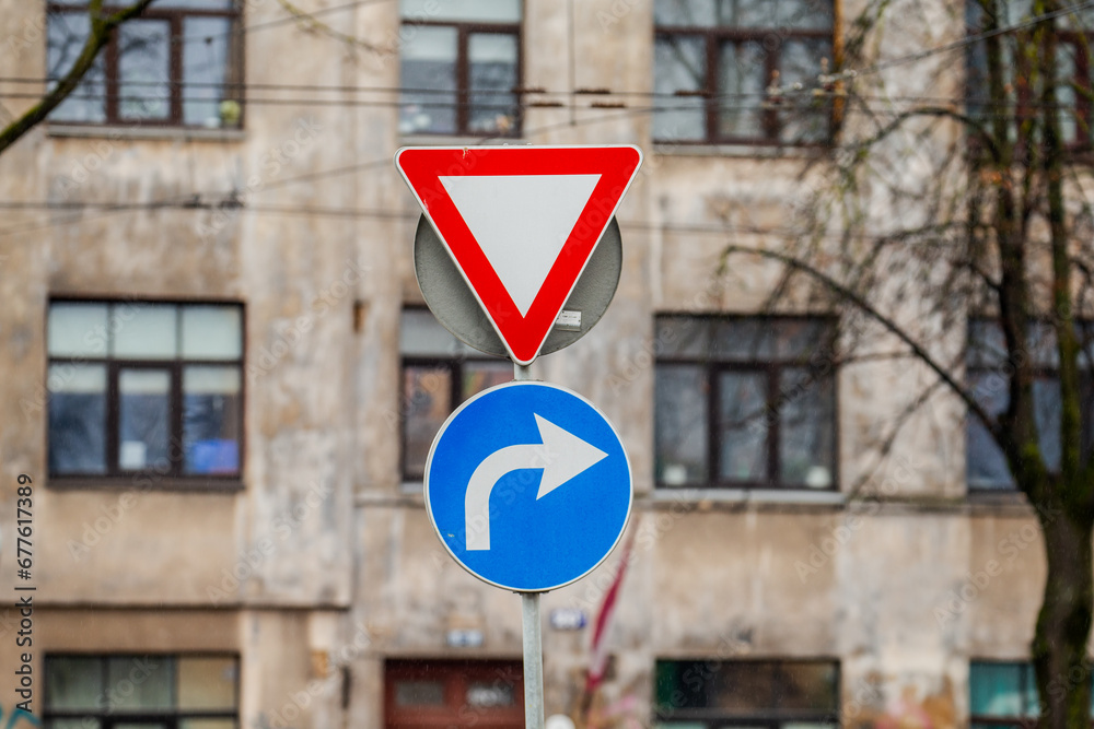 Transport road signs with directions showing to the ride in Europe Transport road signs with directions showing to the ride in Europe