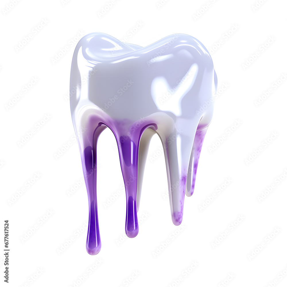 An image of a tooth dripping with purple paint, creating a striking and unusual visual. The contrast of the natural white tooth with the vivid, flowing purple hue suggests a fusion of organic An image of a tooth dripping with purple paint, creating a striking and unusual visual. The contrast of the natural white tooth with the vivid, flowing purple hue suggests a fusion of organic