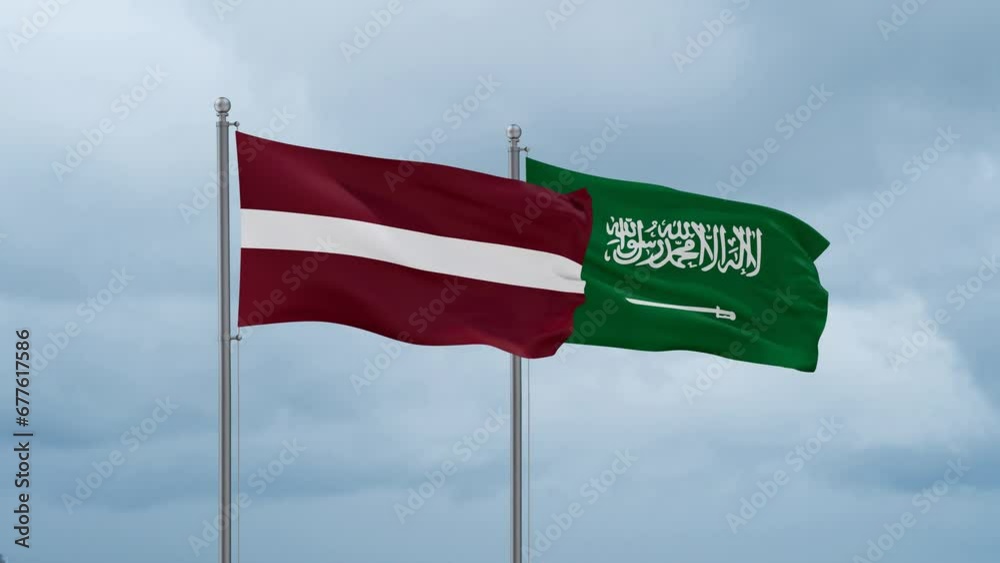 Latvia and Saudi Arabia flags waving together on cloudy sky, endless seamless loop Latvia and Saudi Arabia flags waving together on cloudy sky, endless seamless loop