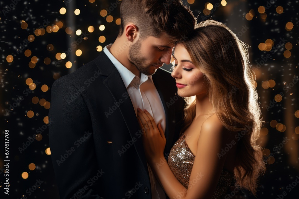 A romantic couple in sparkling makeup shares an intimate moment under the glow of festive Christmas lights A romantic couple in sparkling makeup shares an intimate moment under the glow of festive Christmas lights