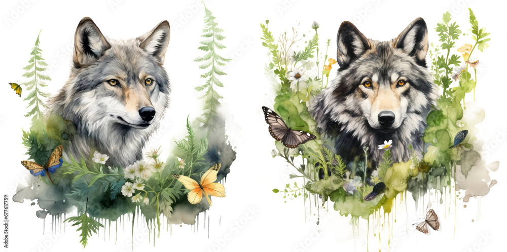Φωτογραφία Watercolor rich illustration of a beautiful wolf surrounded by grass, ferns flowers and butterflies