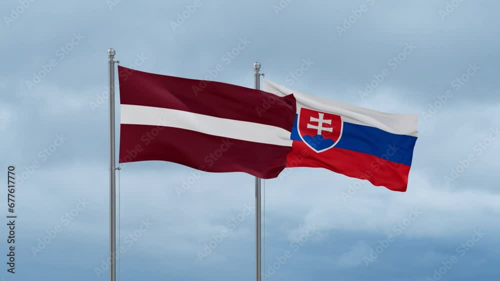 Slovak Republic or Slovakia and Latvia flag waving together on cloudy sky, endless seamless loop, two country cooperation concept Slovak Republic or Slovakia and Latvia flag waving together on cloudy sky, endless seamless loop, two country cooperation concept