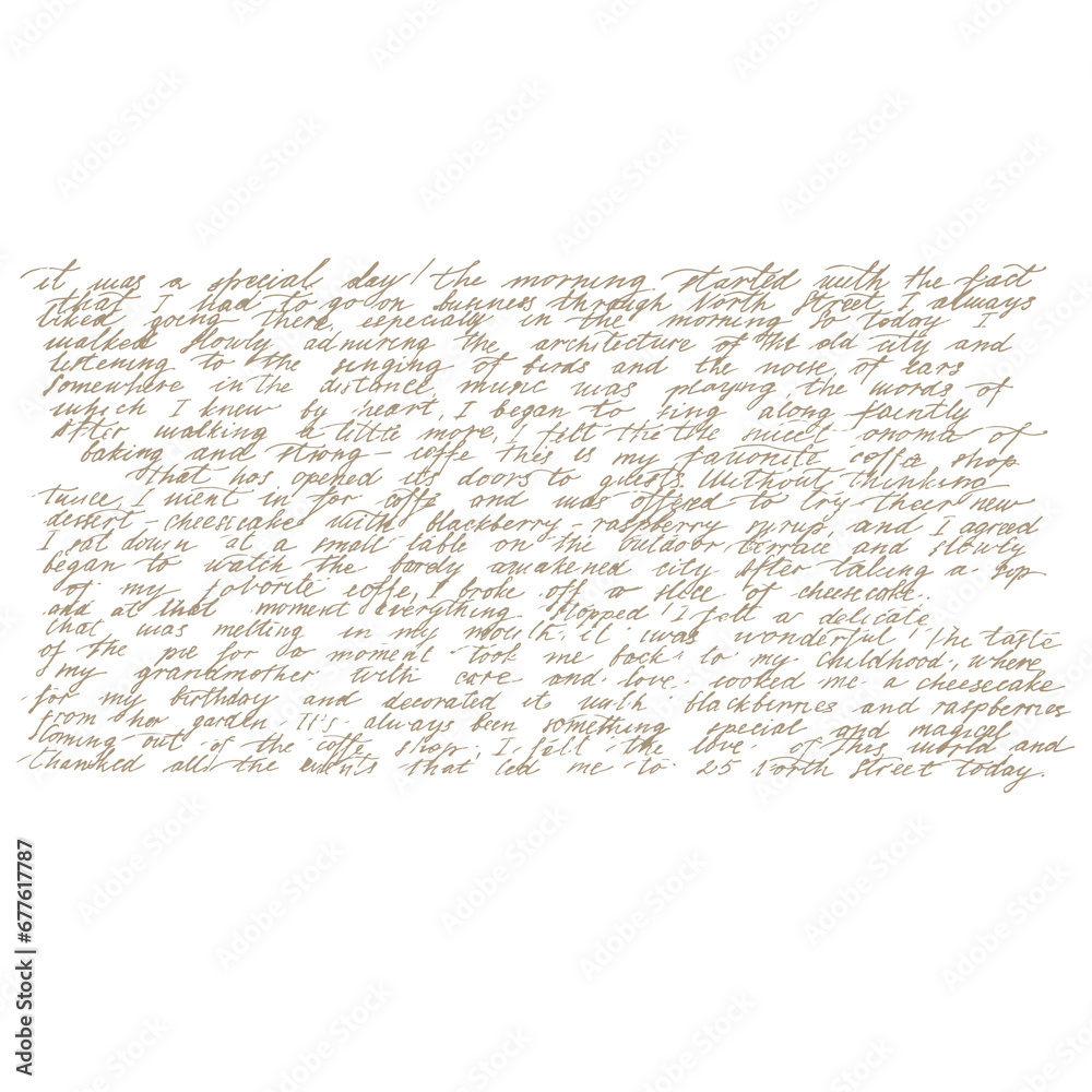 Brown text, a short story written in calligraphic handwriting about a delicious dessert, raspberry cheesecake. highlighted on a white background. Template for the background of postcards, restaurant - obrazy, fototapety, plakaty 