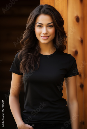 A stunning brunette exudes charm in a simple black T-shirt, epitomizing casual elegance