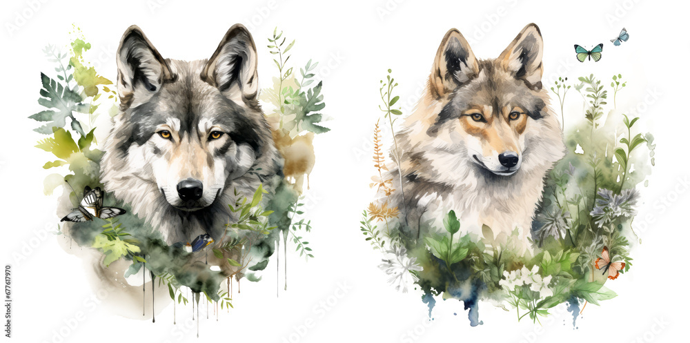 Watercolor rich illustration of a beautiful wolf surrounded by grass, ferns flowers and butterflies. delicate and peaceful spring nature scene isolated on transparent background