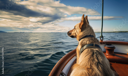 vu de dos, un chien assis sur un voilier en train de naviguer sur la mer, en regardant l'horizon et le soleil couchant