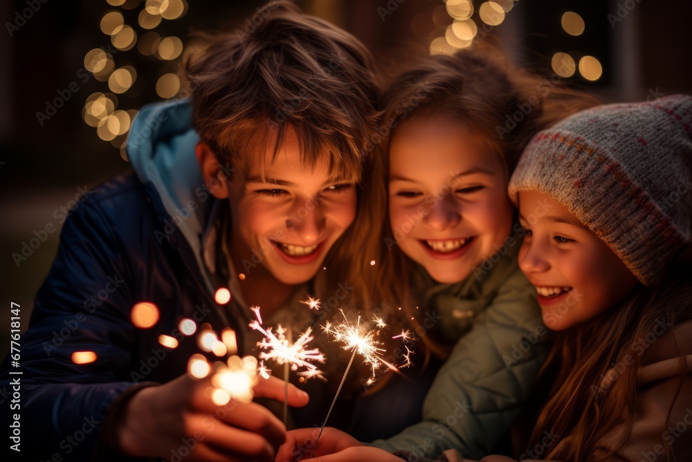 An older sibling taking on the role of protector by lighting sparklers for his younger ones on New Year's Eve An older sibling taking on the role of protector by lighting sparklers for his younger ones on New Year's Eve