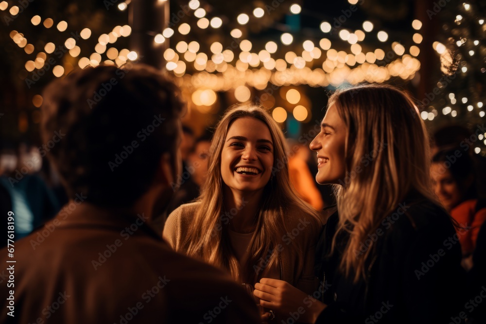 A Festive New Year's Eve Celebration with Loved Ones Dancing Beneath a Glittering Canopy of Lights