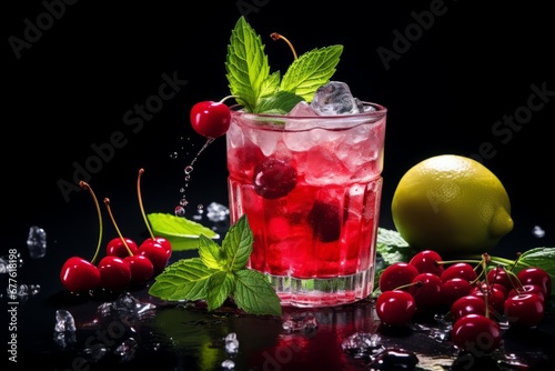 A lustrous cherry crowning a bubbly New Year's drink adorned with a sprig of mint