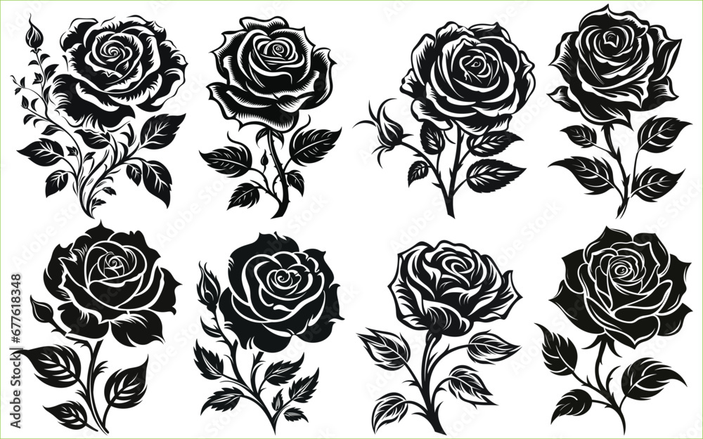 Rose flower Silhouettes set, Rose flowers Collection, Silhouettes of roses, Flower silhoutte. Vector illustration - obrazy, fototapety, plakaty 