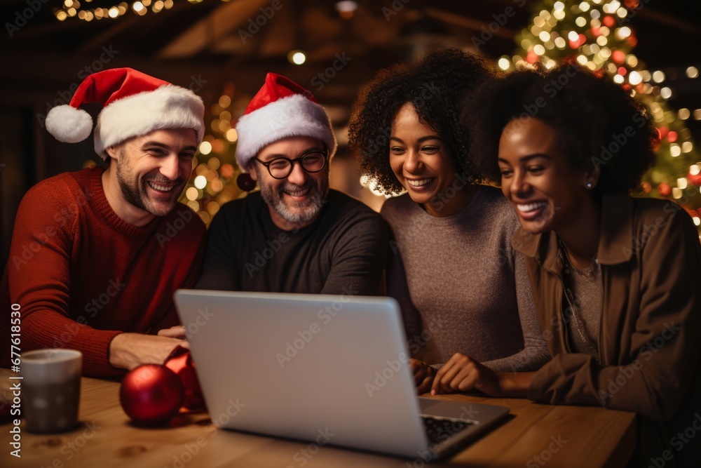 Obraz premium Diverse Remote Team Enjoying a Virtual Christmas Party with Decorations and Gift Exchange