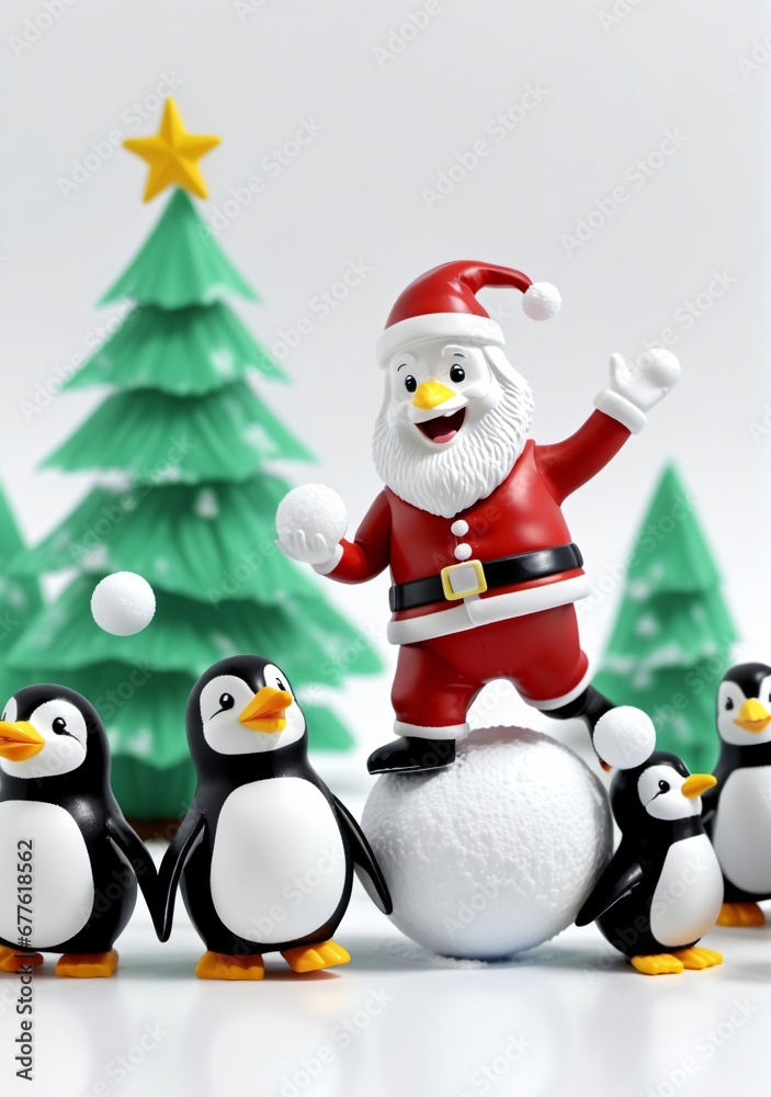 3D Toy Of Santa Claus Having A Friendly Snowball Fight With Penguins On A White Background. 3D Toy Of Santa Claus Having A Friendly Snowball Fight With Penguins On A White Background.