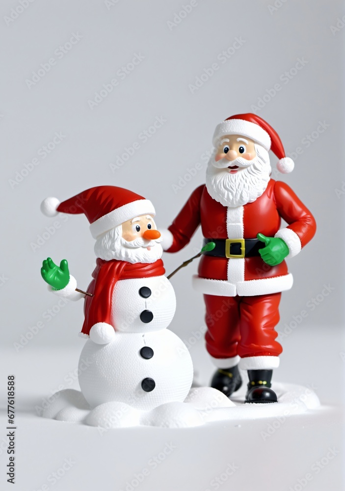 3D Toy Of Santa Claus Building A Snowman On A White Background.