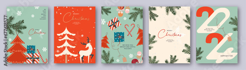 Merry Christmas and Happy New Year greeting card set. Modern Xmas design with typography, gifts, christmas tree and snowflakes. illustration concept for invitation, poster, cover, banner, social media