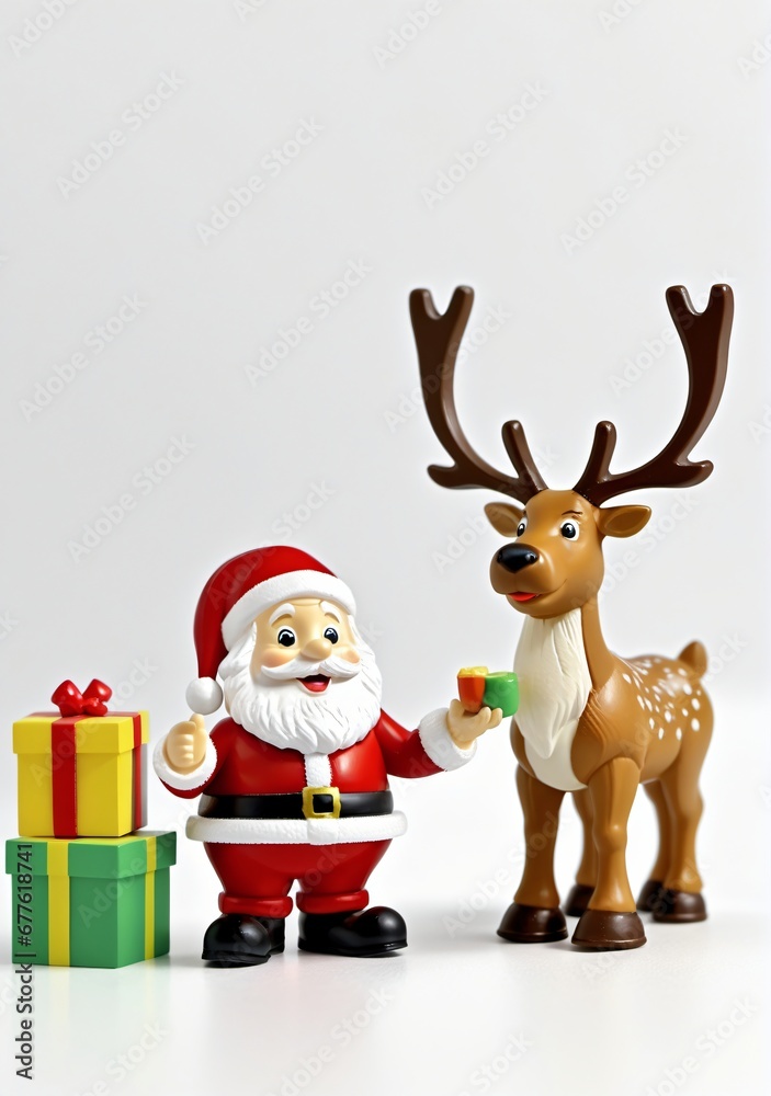 3D Toy Of Santa Claus Feeding Reindeer On A White Background. 3D Toy Of Santa Claus Feeding Reindeer On A White Background.