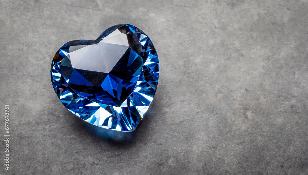 Indigo heart shaped diamond on grey background and copy space on a side Indigo heart shaped diamond on grey background and copy space on a side