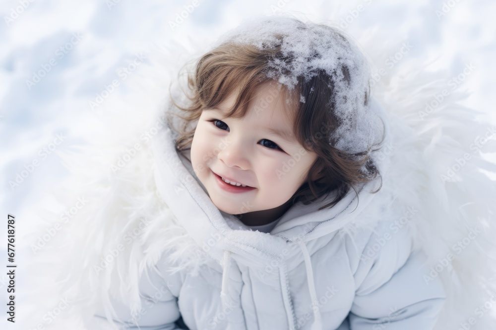 A happy child immersed in the joy of creating a snow angel on a frosty winter day