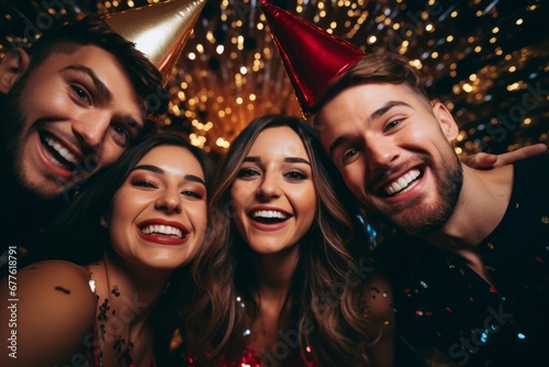 A Snapshot of Friends Ringing in the New Year with a Fun-Filled Group Selfie and Party Props