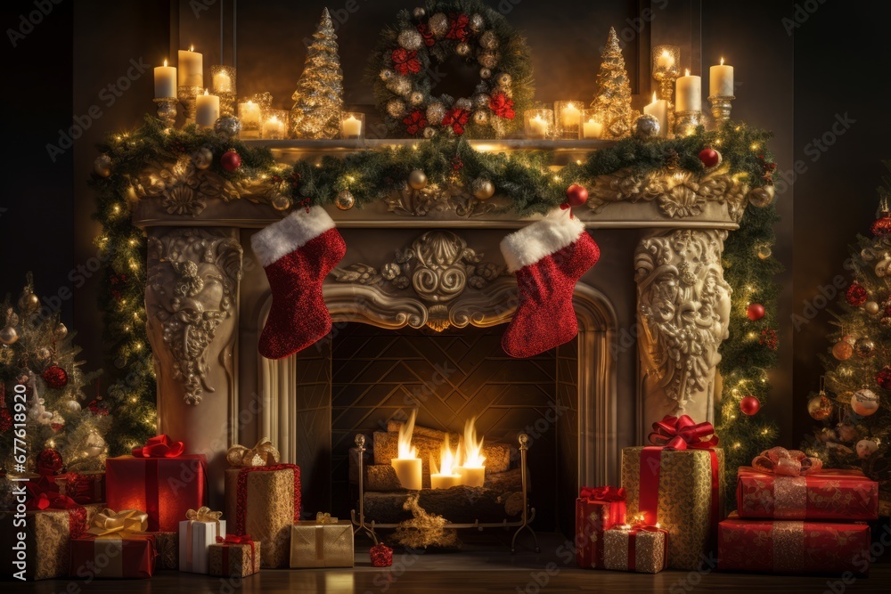 A warm and inviting holiday fireplace mantel decorated with colorful stockings and sparkling lights