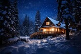 A tranquil winter scene showcasing a charming cabin in the snowy forest under a starlit sky
