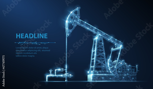 Oil pump on blue. Digital extraction, Gas market, Well drilling, Petroleum production