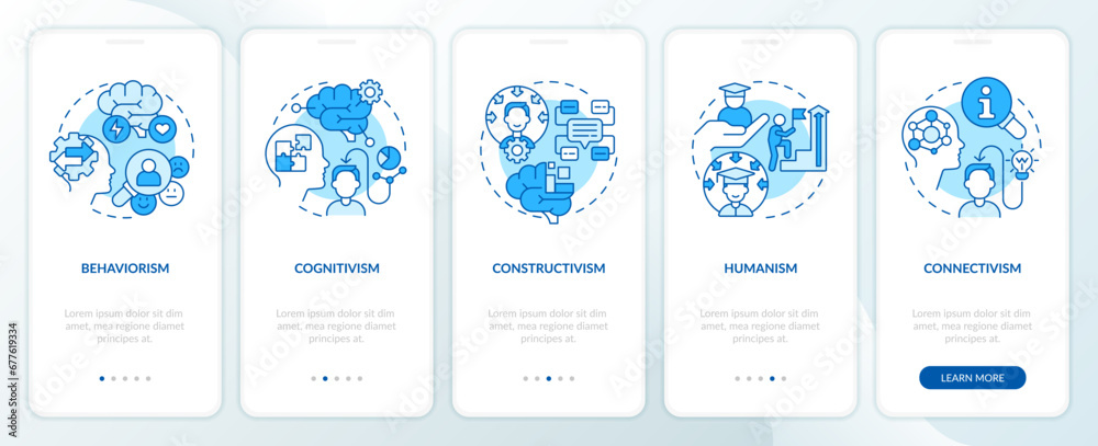 2D icons representing learning theories mobile app screen set. Walkthrough 5 steps blue graphic instructions with thin line icons concept, UI, UX, GUI template. 2D icons representing learning theories mobile app screen set. Walkthrough 5 steps blue graphic instructions with thin line icons concept, UI, UX, GUI template.