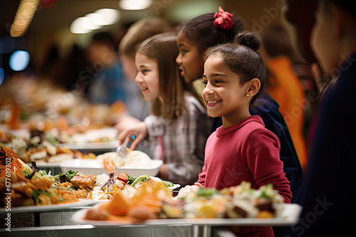 Cute elementary students at buffet line at lunchtime photo