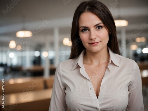 Successful female entrepreneur smiling at the camera, professional business background