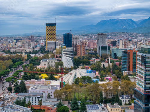 Tirana city skyline showing the new colorful high-rise buildings 